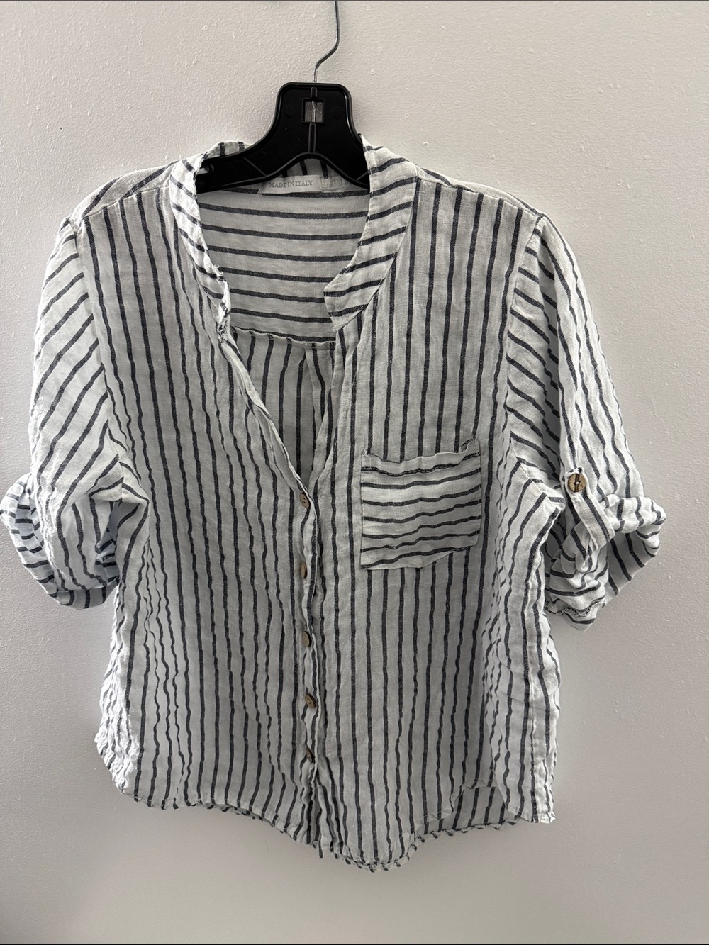 Striped Button-Down Linen Blend Shirt - White & Black Airy Roomy Flowy Blouse Lg